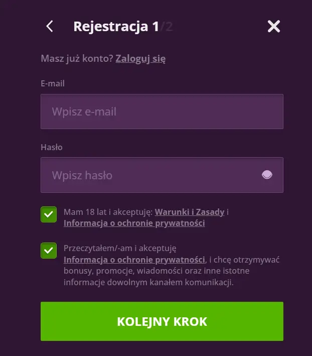 Formularz rejestracji w Malina Casino