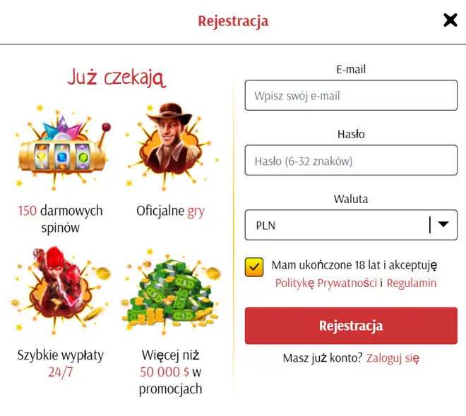 Formularz rejestracji w SuperCat Casino