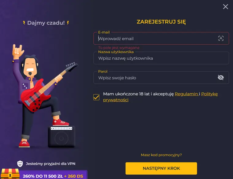 Formularz rejestracji w Rolling Slots Casino