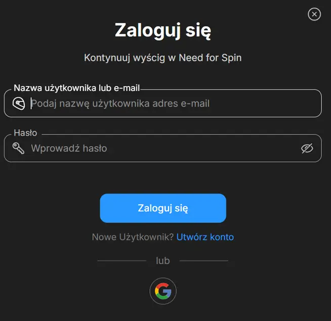 Formularz logowania do Need For Spin Casino