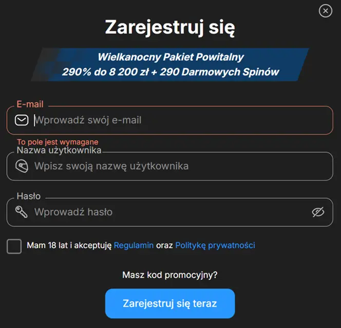 Formularz rejestracji w Need For Spin Casino